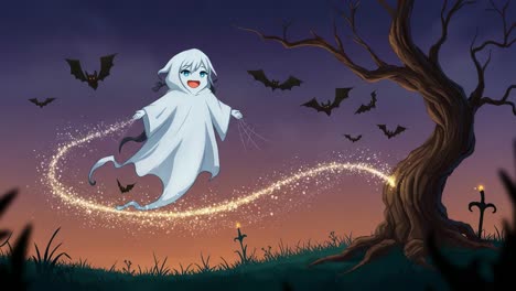 a playful ghost glides through a twilight landscape, surrounded by flying bats and sparkling trails, evoking a sense of whimsical magic and halloween spirit