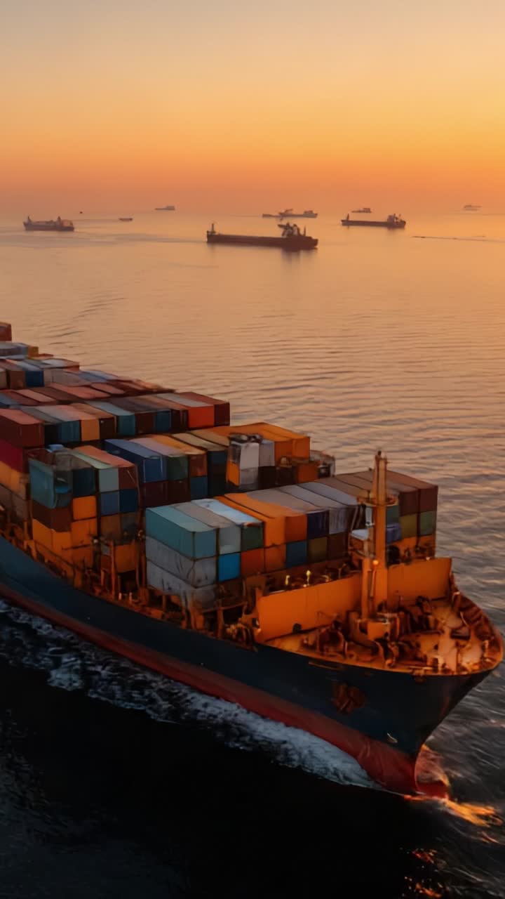 Un tramonto maestoso su una nave portacontainer in mare, circondata da altre imbarcazioni e immersa in colori caldi, che cattura la bellezza del commercio e del trasporto marittimo
