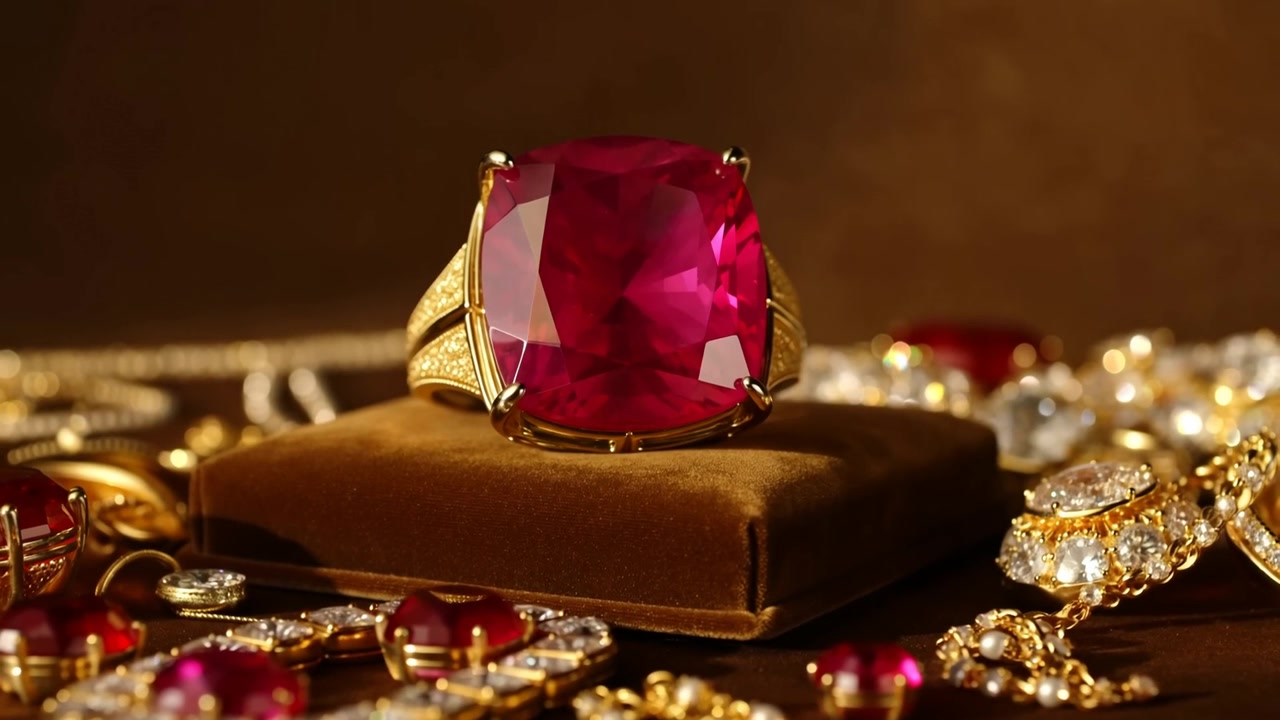 Moving lens focus showing square red ring on brown velvet with gold chains diamonds adding sparkle