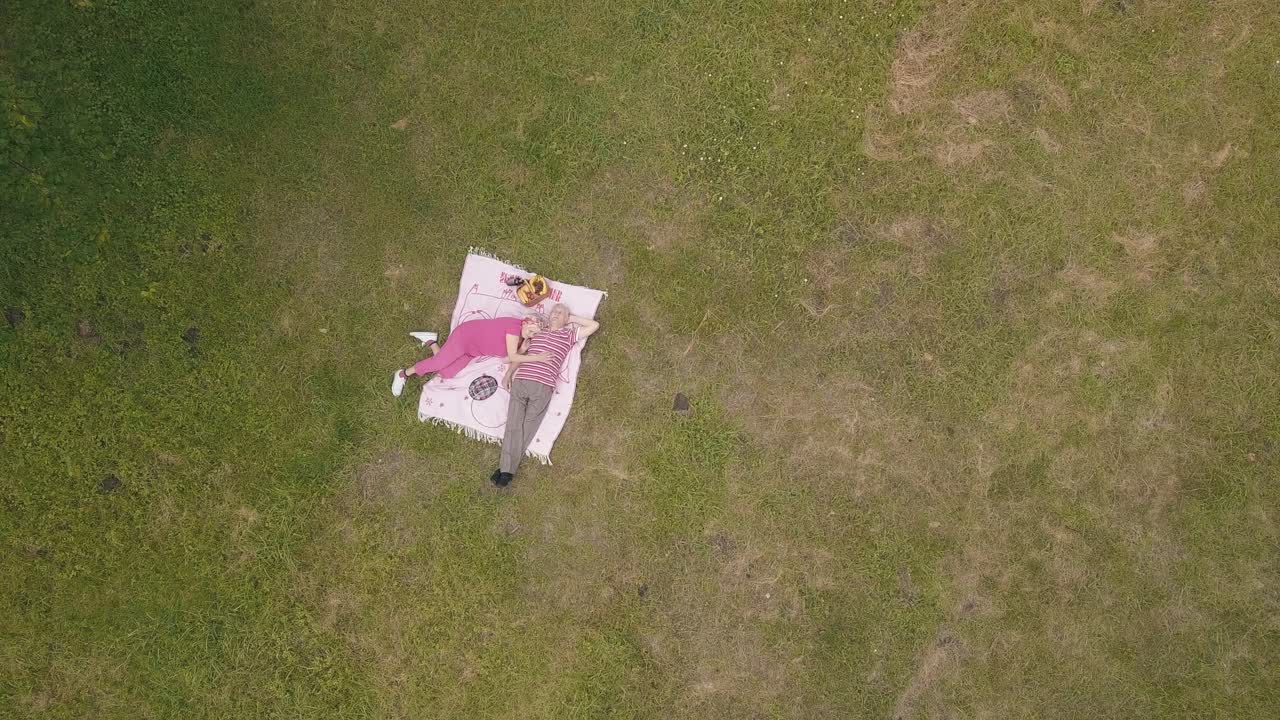 공원에서 주말 가족 피크닉. 공중 풍경. 노인 부부가 녹색 잔디 잔디에 담요에 누워