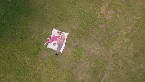 picnic familiar de fin de semana en el parque. vista aérea. una pareja de ancianos se acuestan en una manta en el prado de hierba verde