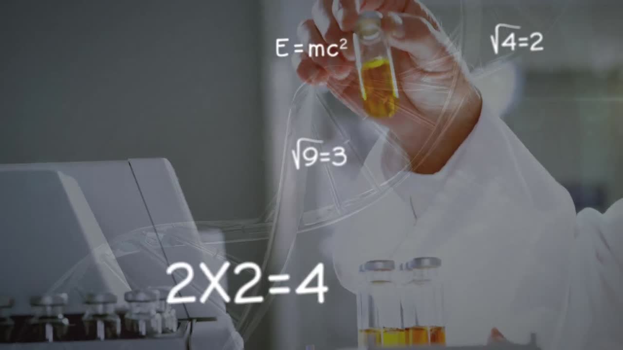 animación de la cadena de adn giratoria y fórmulas matemáticas sobre el científico