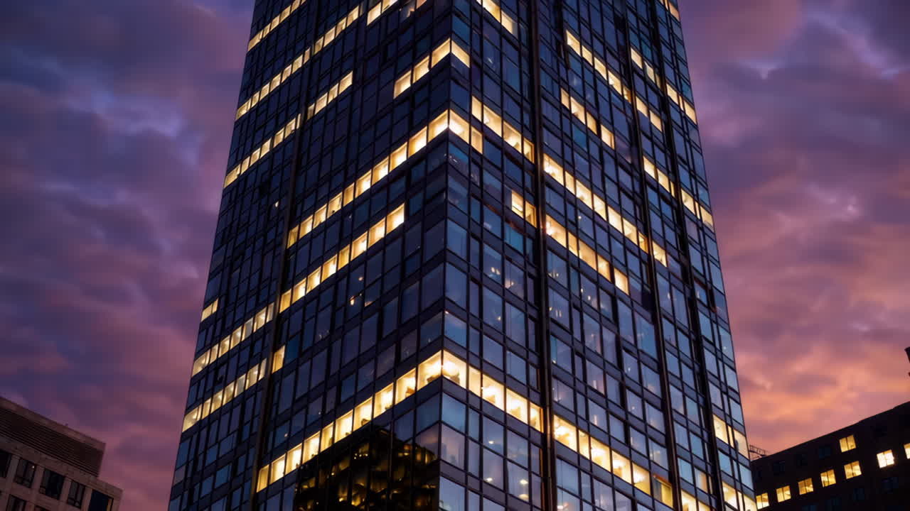 un rascacielos moderno al anochecer