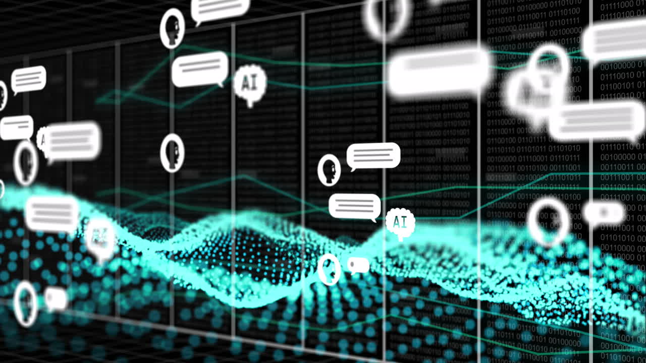 Animation of artificial intelligence icons and data processing over green mesh