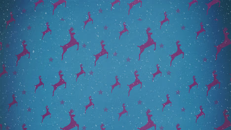 animation of snow falling against christmas reindeer pattern on blue