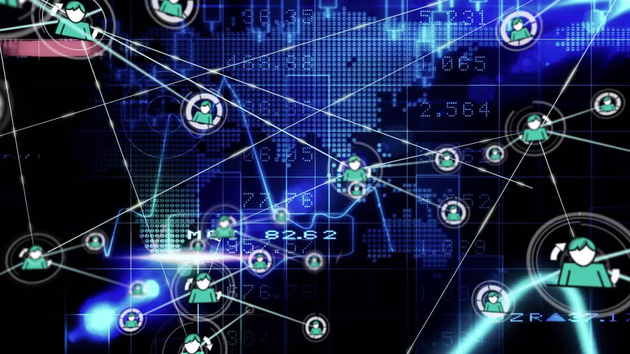 Animated node network responding to neon waveform spikes, spawning icons and linking global markets