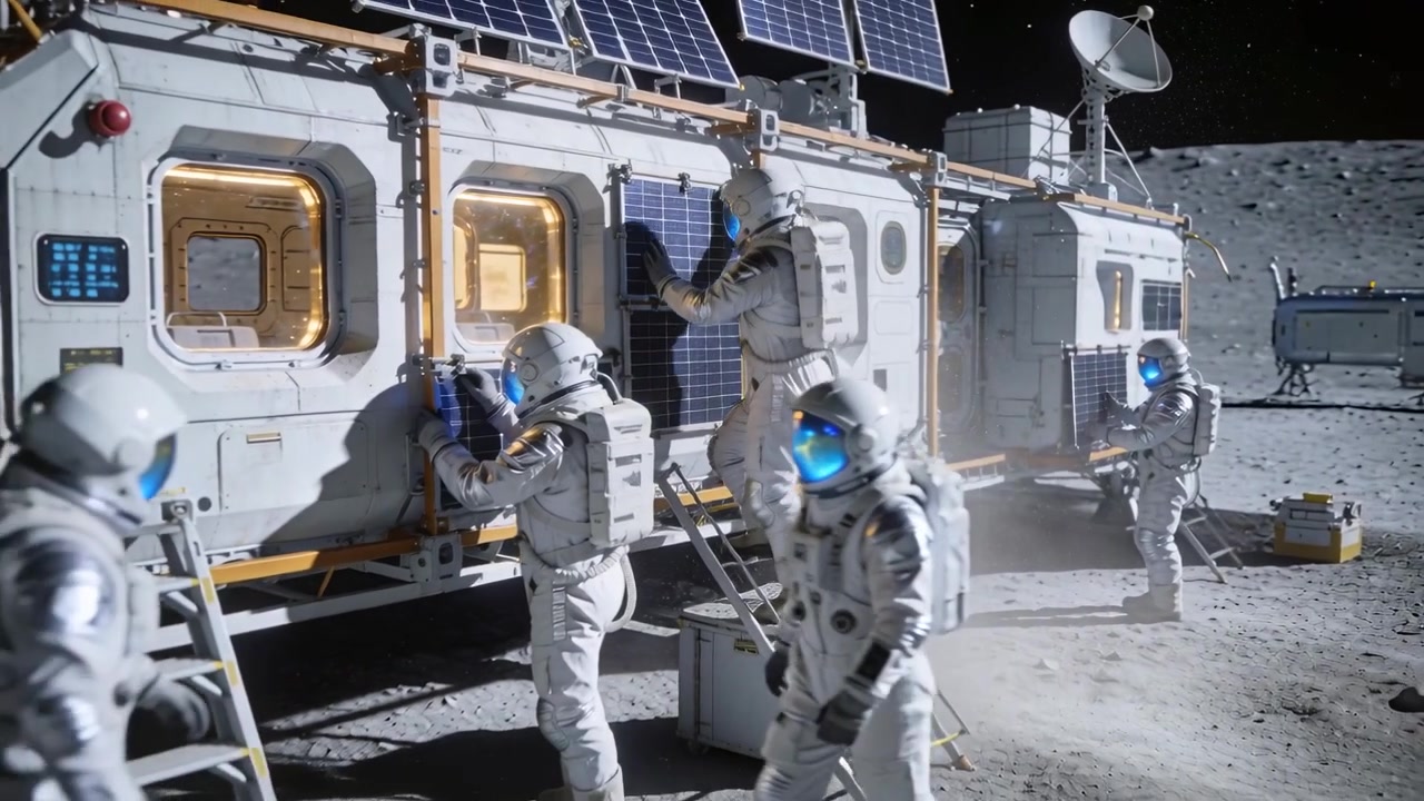 Eseguendo un compito di riparazione, quattro astronauti regolano i supporti dei pannelli solari su un habitat lunare in tute EVA.