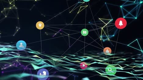 red de iconos de conexiones contra formas geométricas