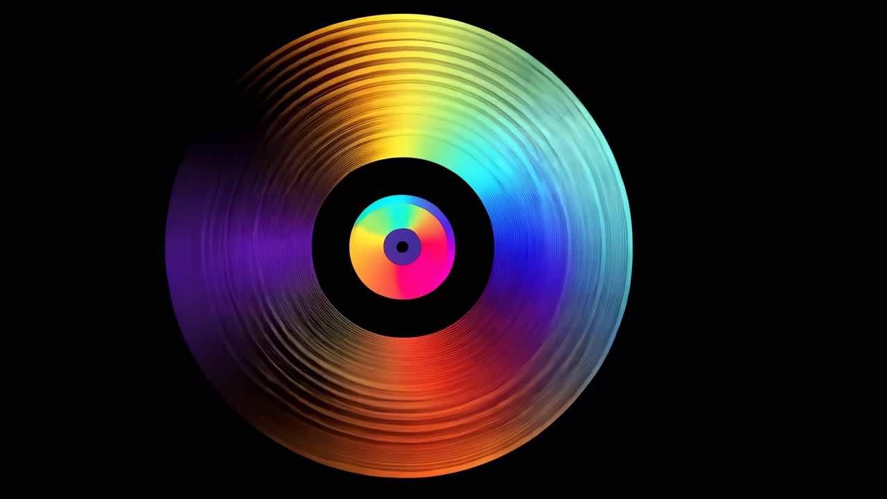 Ovenfra og ned-visning av et fargerikt, abstrakt vinylplatedesign, som fremkaller en retro videoatmosfære med levende farger.