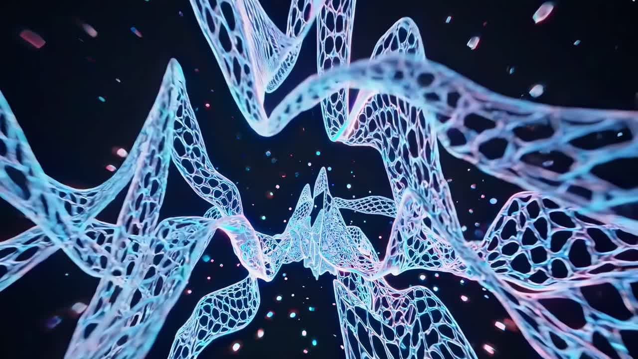 Abstrakcyjny film z dynamicznym, płynnym wzorem siatki w neonowym niebieskim kolorze