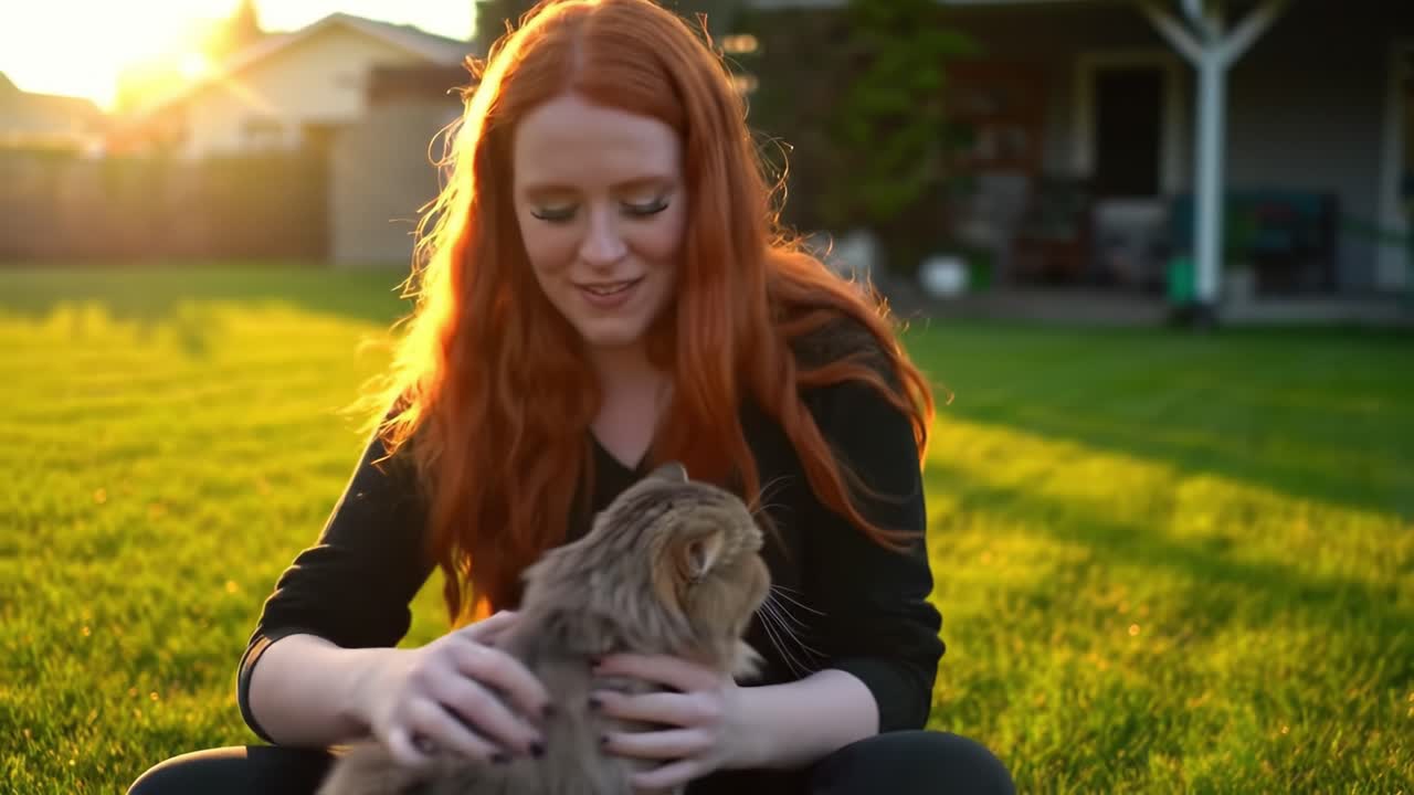 A Joyful Moment: A Young Woman Enjoying Quality Time with Her Playful Cat in a Sunlit Garden, Embracing the Warmth of Friendship and Nature.