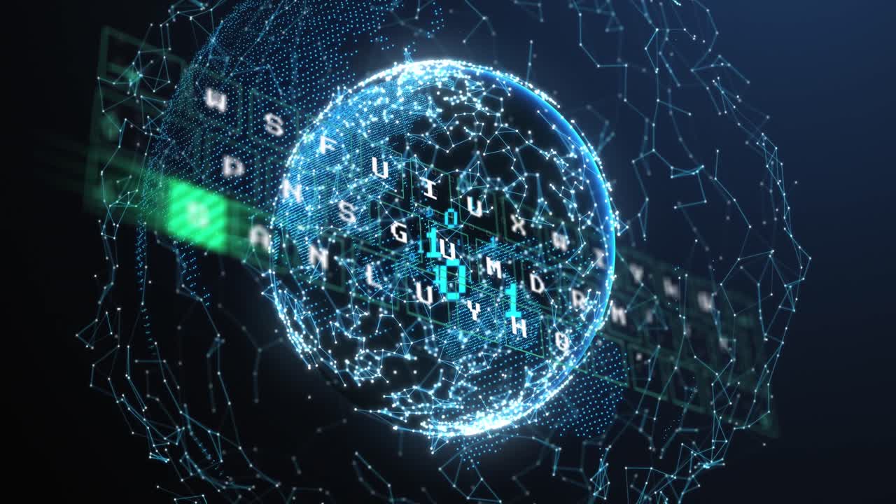 Animation of data processing over globe and network of connections on blue background