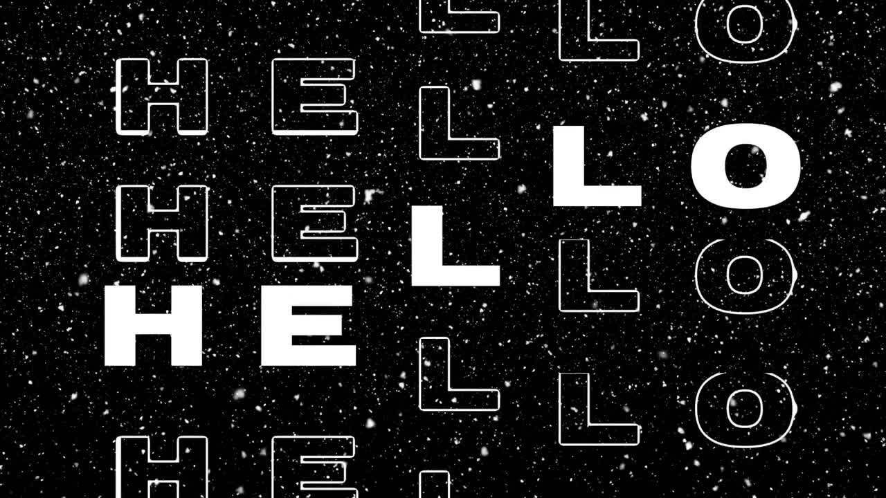 animación de hello sobre la nieve cayendo sobre un fondo negro
