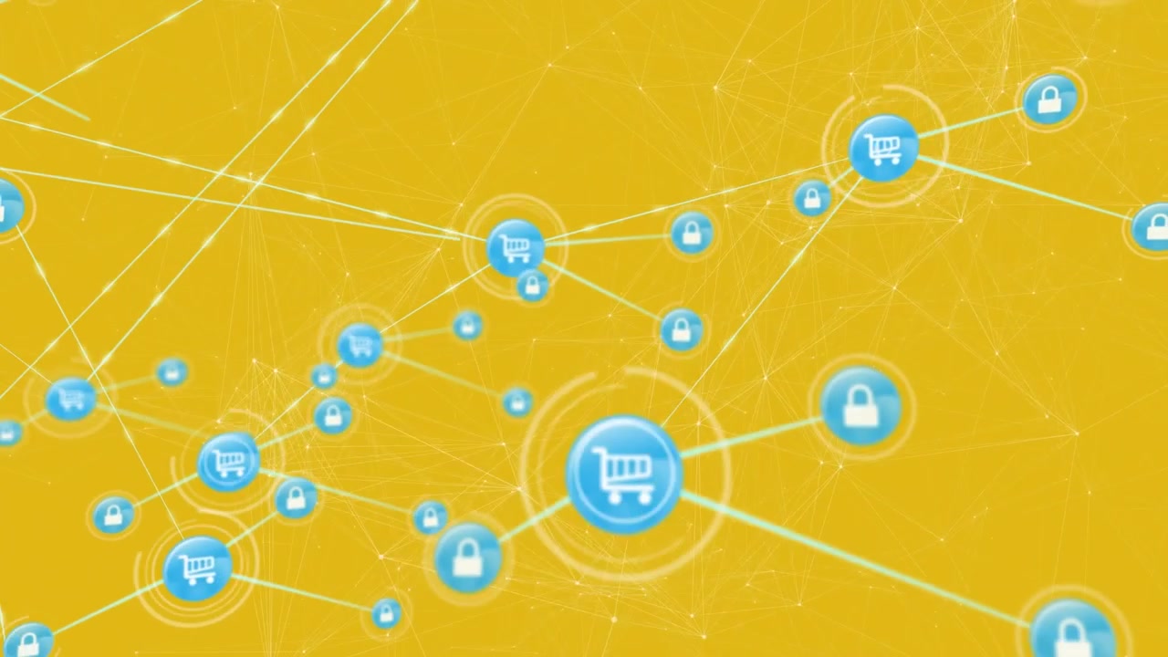 Animazione di una rete di connessioni con icone su sfondo giallo