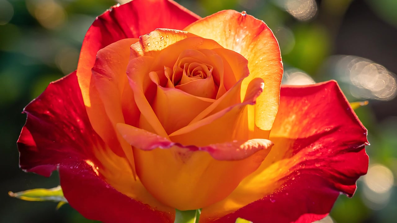 Rosa vibrante naranja y roja con gotas de rocío bajo la luz del sol