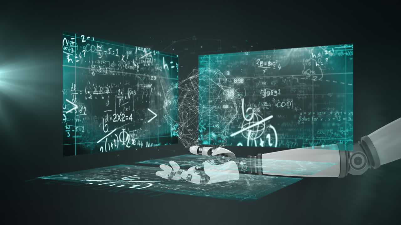 глобус сети соединений над роботизированной рукой против экранов с математическими уравнениями