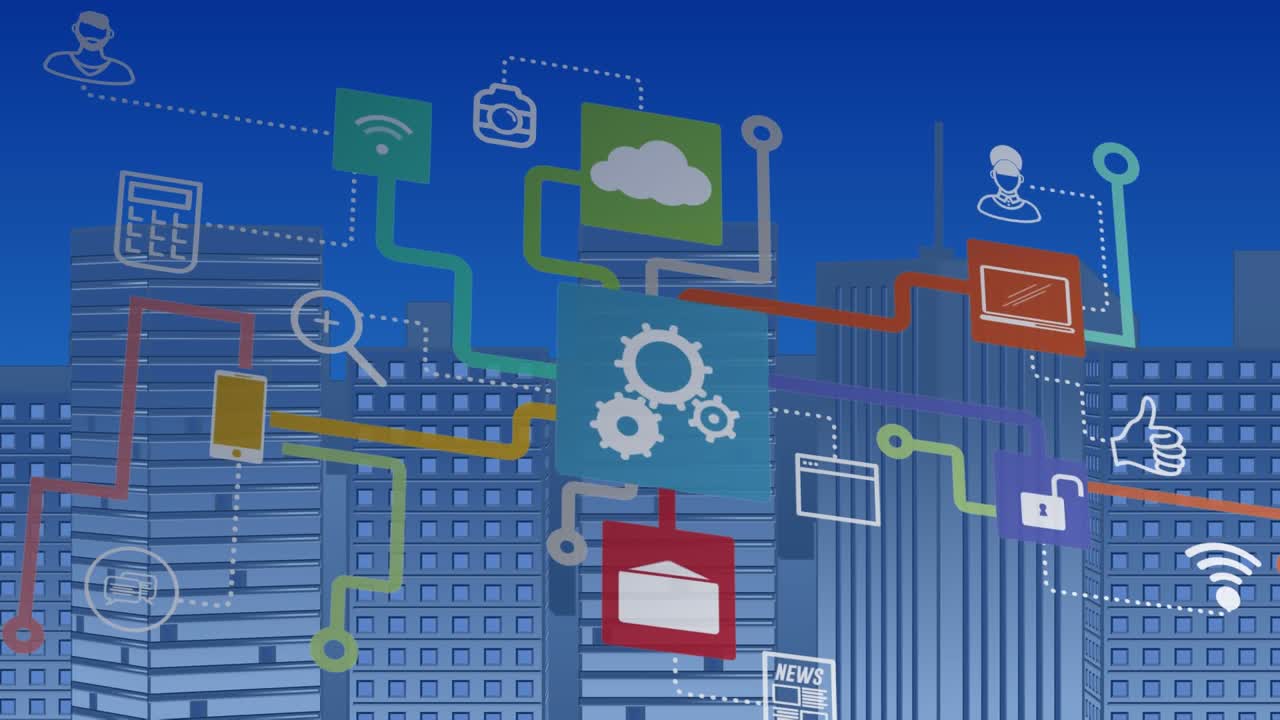Animation of media icons over cityscape