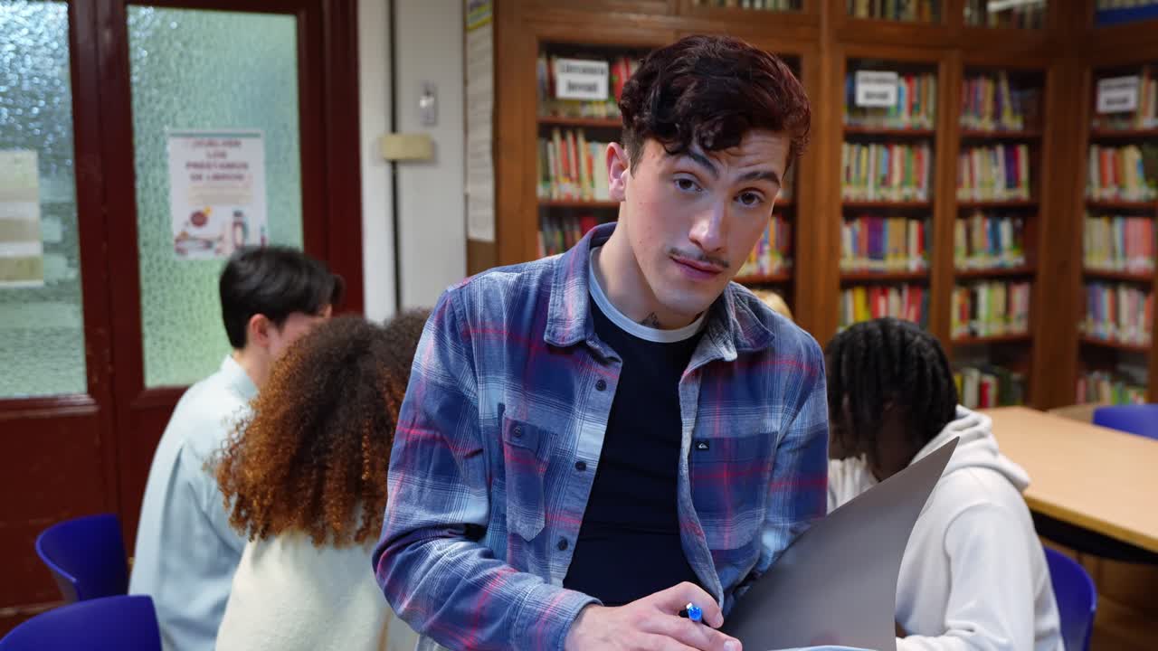 Young Man Writing in Notebook and Smiling in Library