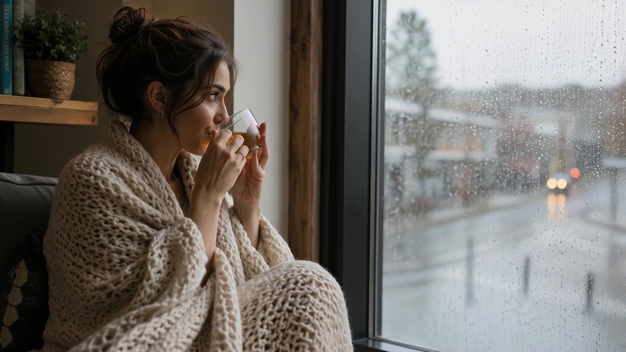 Giovane donna avvolta in una coperta che beve tè vicino alla finestra in una giornata di pioggia