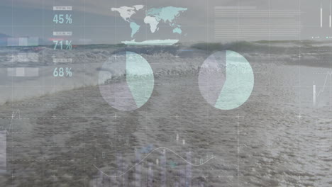 global data analytics animation over ocean waves and beach scene