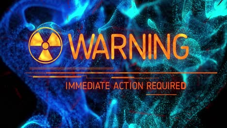 animation of radioactive symbol and warning text banner over digital waves on black background