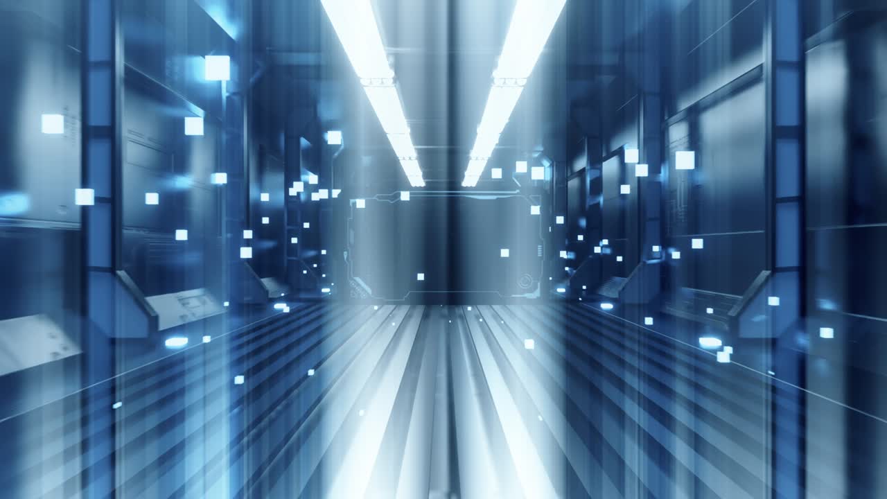 Beautiful Spaceship Tunnel with Opening Metal Gates and Flight Out Through it to black. Abstract Futuristic 3d Animation with light rays. 4k Ultra HD 3840x2160.