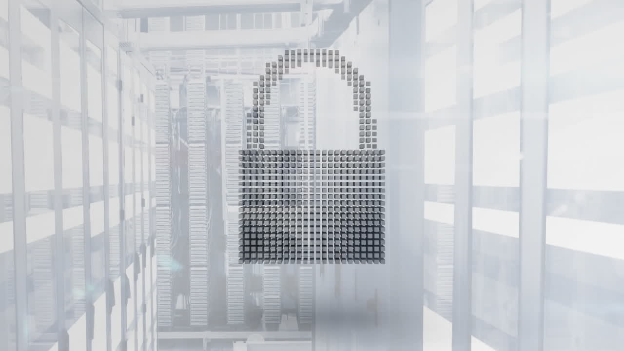 Animation of padlock icon over computer serves