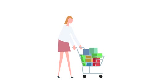 animación de personajes de mujeres coloridas de dibujos animados. niña camina en bicicleta con una situación de carrito de compras llena de mercancías