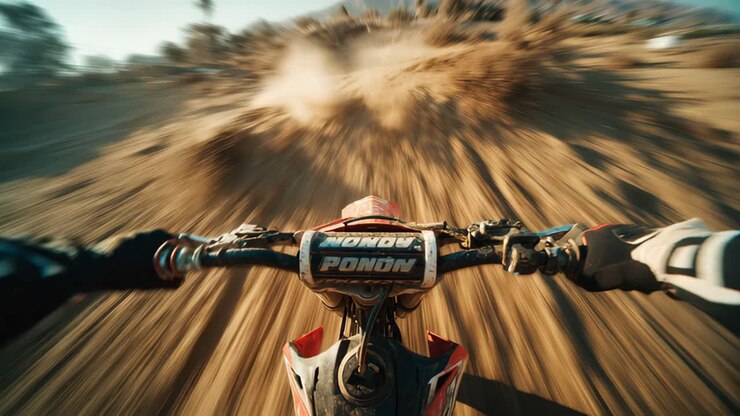 Chi è in cerca di avventura viaggia su una moto da cross lungo un sentiero polveroso
