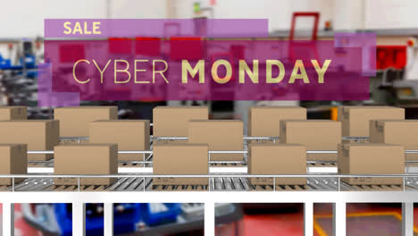 Animation-of-cyber-monday-text-over-cardboard-boxes-on-conveyor-belts-in-warehouse