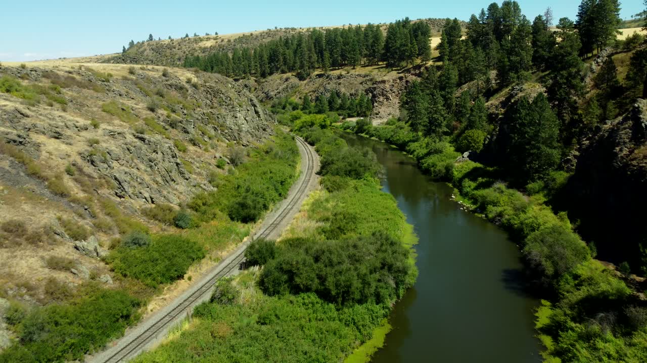 US, Oregon, Elgin, 2025-08-11 - Drone view of the Grande Ronde River in summer with the abandoned road and railroad running next to it