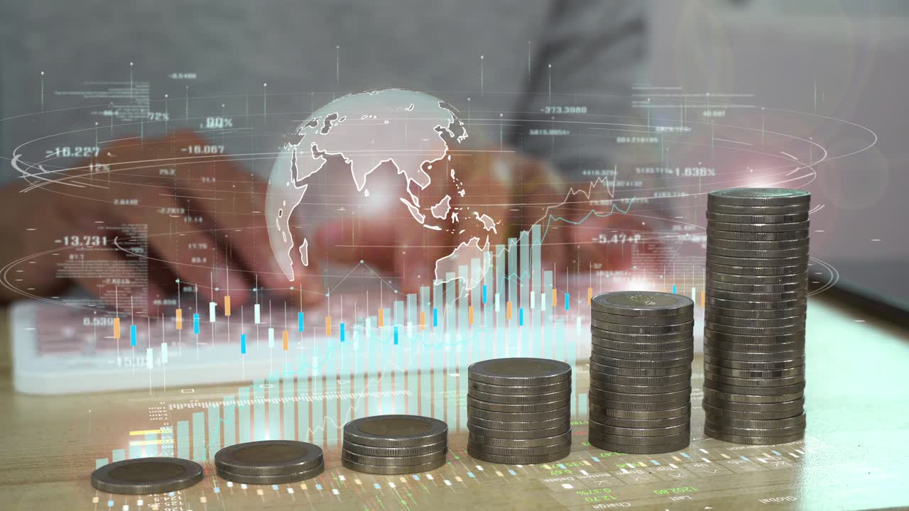 un holograma de datos de análisis de negocios. concepto de crecimiento de negocios. aumento de la pila de monedas.