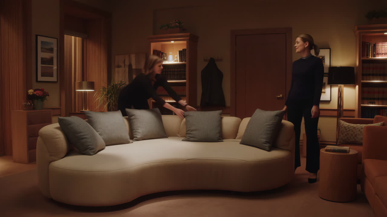 Two women tidying a sofa in a stylish living room