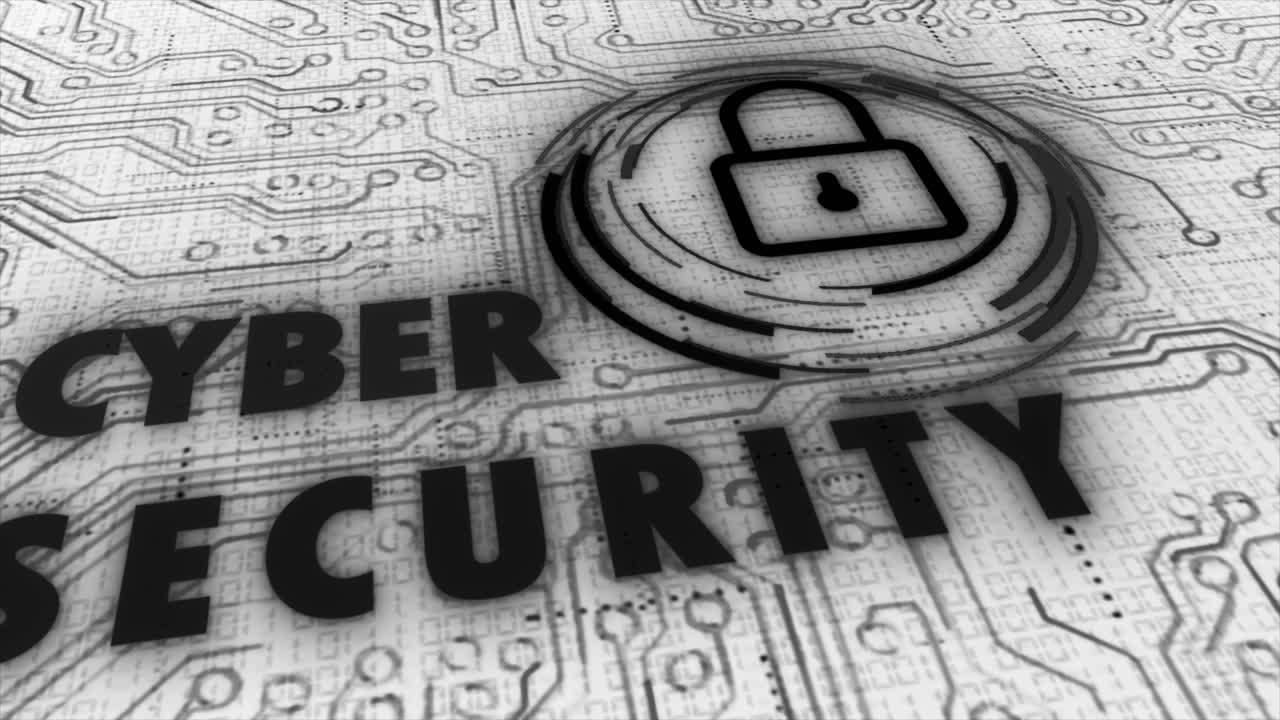 gráfico de movimiento 3d sofisticado y detallado de una placa de circuito animada con elemento de bloqueo de sistema estilizado y el mensaje de seguridad cibernética, en una paleta de colores negativos