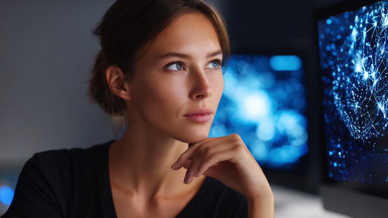 Contemplative Female in Front of Technology Displaying Abstract Digital Connections and Data Visualization in a Modern Workspace Environment