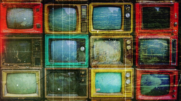 AI retro Television sets with overlayed film glitch textures