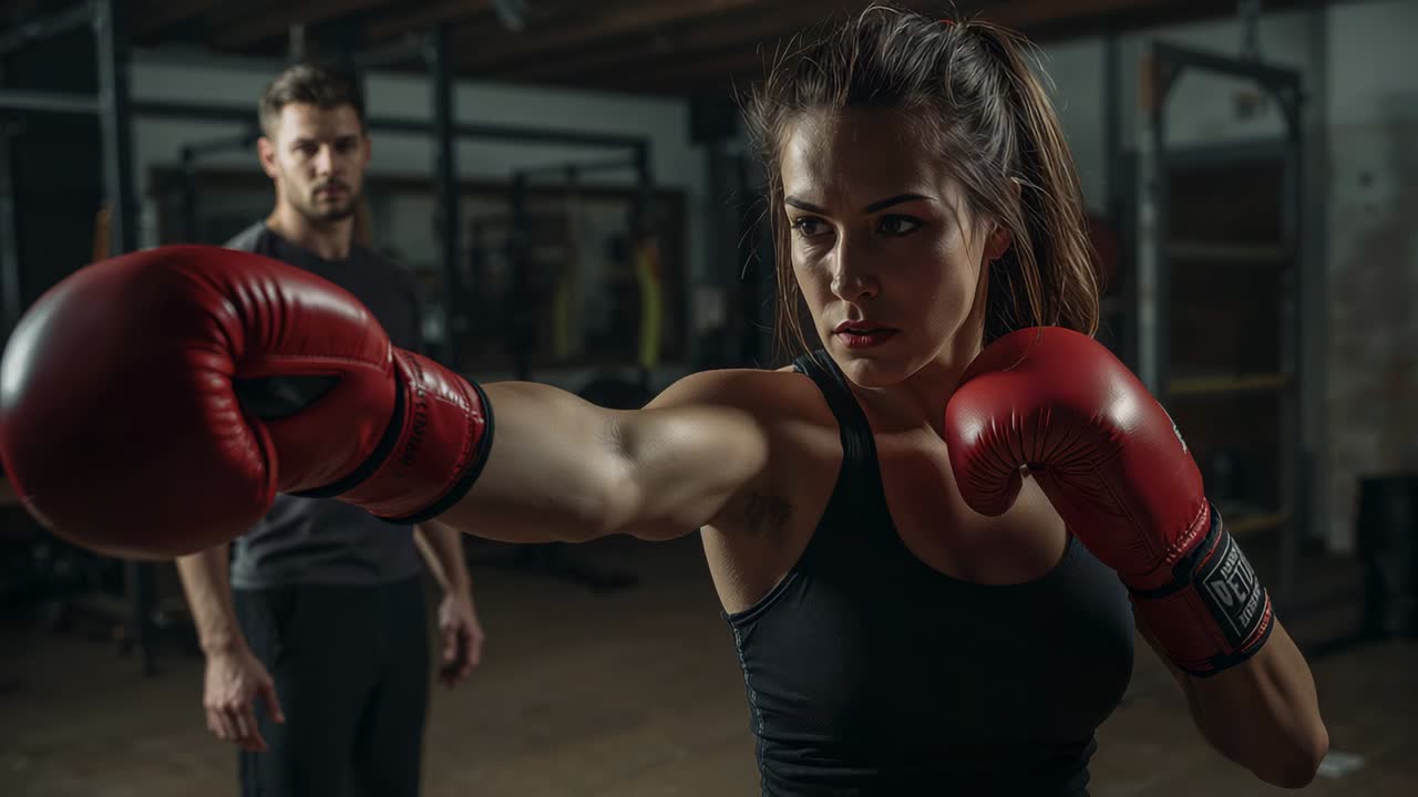 Drill starting female boxer practicing jab cross combo at gym, wearing black tank with red gloves