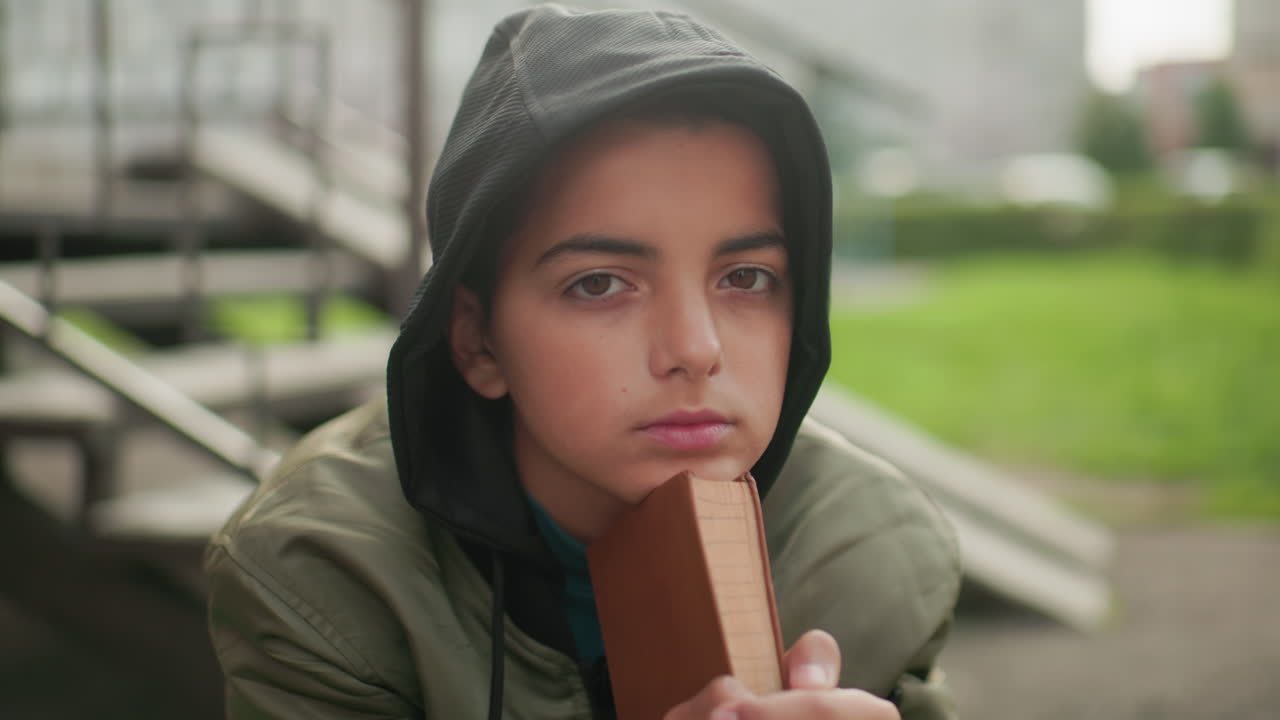 Un adolescente con una giacca con cappuccio seduto su una panchina all'aperto, con il mento poggiato sulle mani che tengono un libro marrone, che guarda con calma e un'espressione composta su uno sfondo sfocato di verde urbano e scale