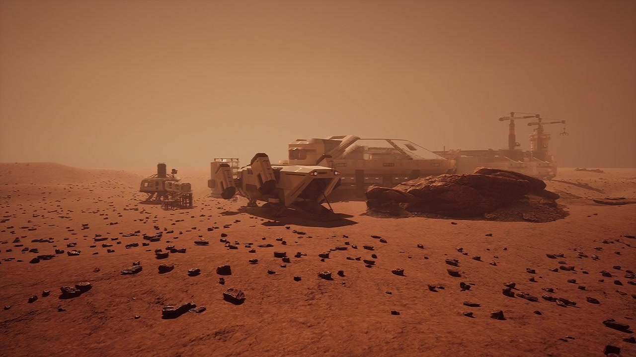 Utforskning av strukturene til en Mars-koloni i et rødt landskap under støvskyer