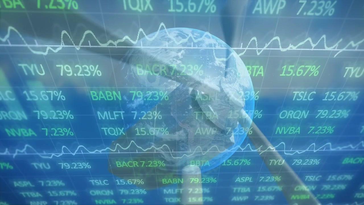 Animación de datos financieros, un globo terráqueo y gráficos sobre una turbina eólica.