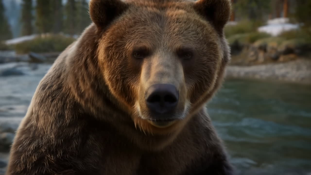 Orso grizzly intimo vicino al fiume, ripresa cinematografica, autentico ritratto di fauna selvatica che mostra uno sguardo intenso e pelliccia bagnata, flusso