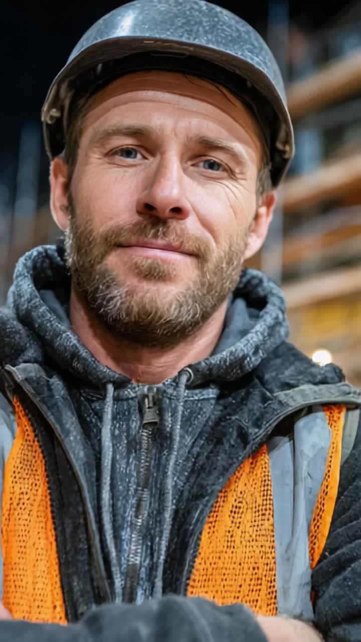 Ein selbstbewusster Bauarbeiter mit Bart und Mütze zeigt seine Professionalität und seinen Stolz auf sein Handwerk auf einer Baustelle und ist bereit für jede kommende Herausforderung