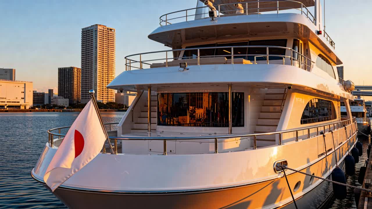 Zoom della camera che rivela un yacht a motore bianco al molo della città per mostrare riflessi caldi, bandiera che sventola