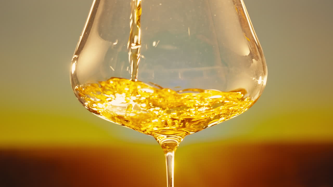 Orange or white wine bottle and glass against a sunset in a peaceful vineyard, pouring of ecological natural wine.