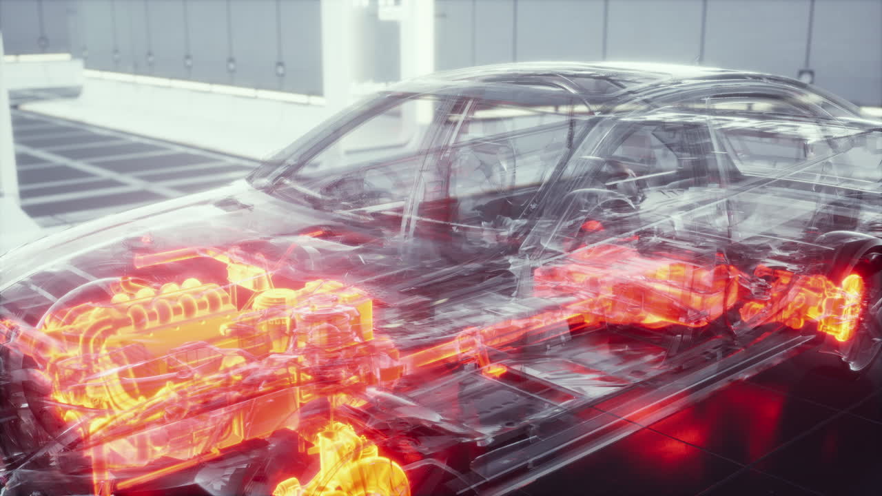 прозрачная машина с двигателем в лаборатории