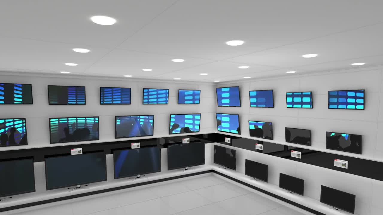 interior de una tienda de electrónica con video sincronizado que se reproduce en las pantallas de varios televisores