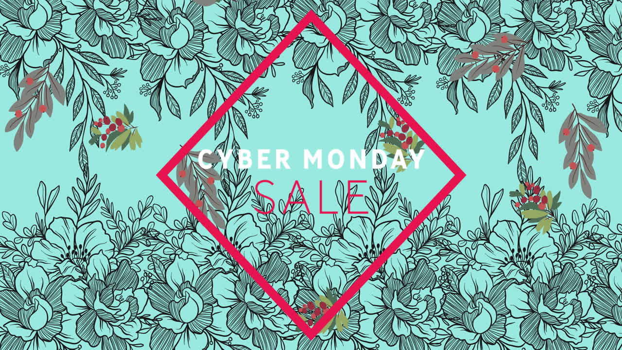 사이버 월요일 판매 텍스트의 애니메이션  ⁇ 은 프레임에서 꽃이 최면 운동으로 움직입니다.