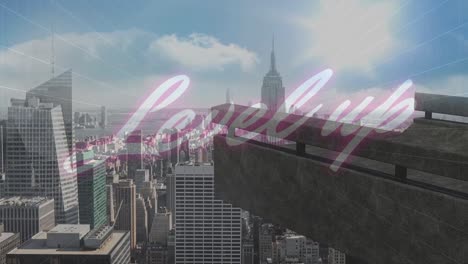 neon pink level up text banner against aerial view of cityscape