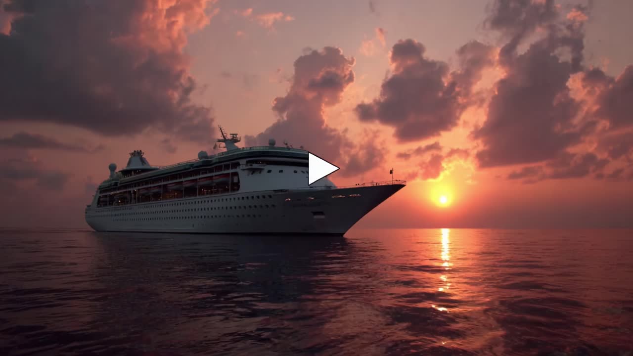 Una maestosa nave da crociera naviga elegantemente su acque calme sotto un tramonto mozzafiato, proiettando una serena silhouette contro nuvole luminose e riflessi scintillanti