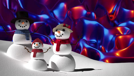 diseños decorativos rojos sobre la familia del muñeco de nieve en el paisaje de invierno contra las ondas digitales